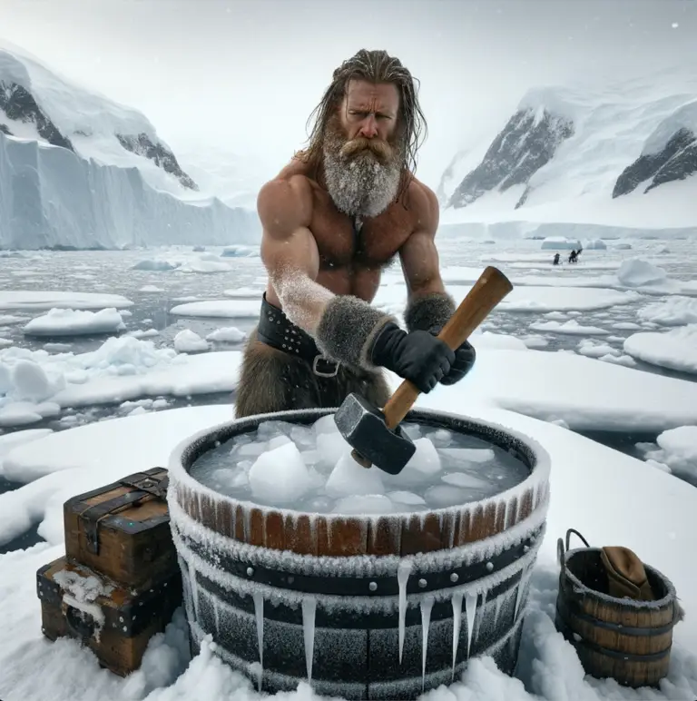 Cold plunge myth: colder the better. A bearded Viking hammering a frozen tub in what appears to be Antarctica