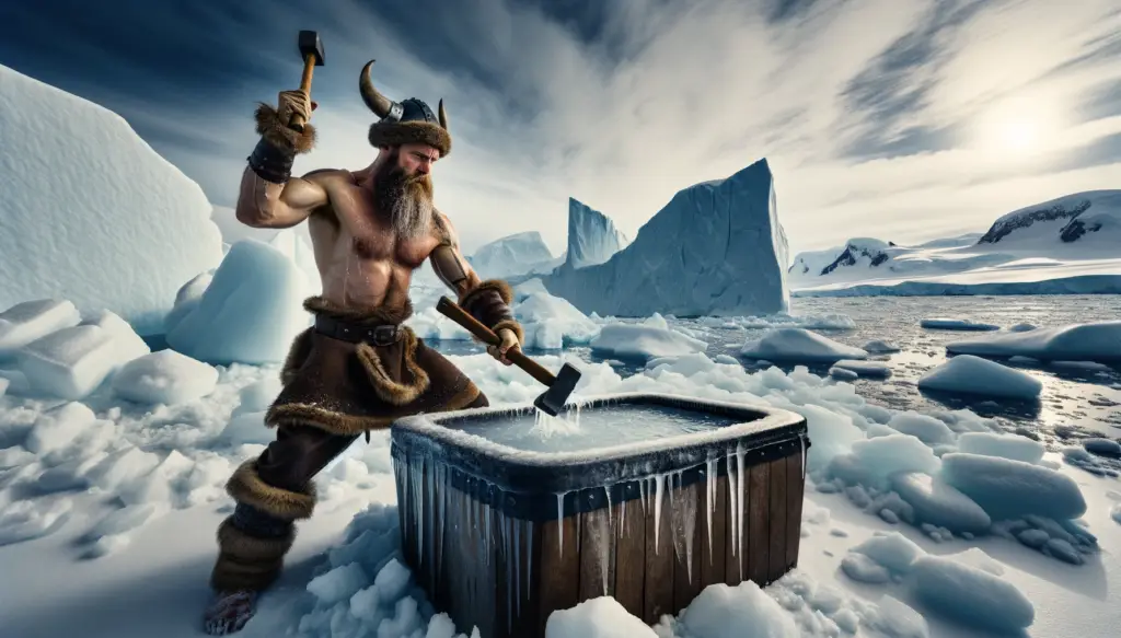 Cold plunge myth - the colder the better. A bearded Viking hammering a frozen tub in what appears to be Antarctica environment.