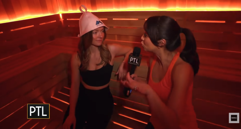 Hanna and Daisy sit in MindFuel Method's traditional Finnish sauna in Pittsburgh, PA Strip District