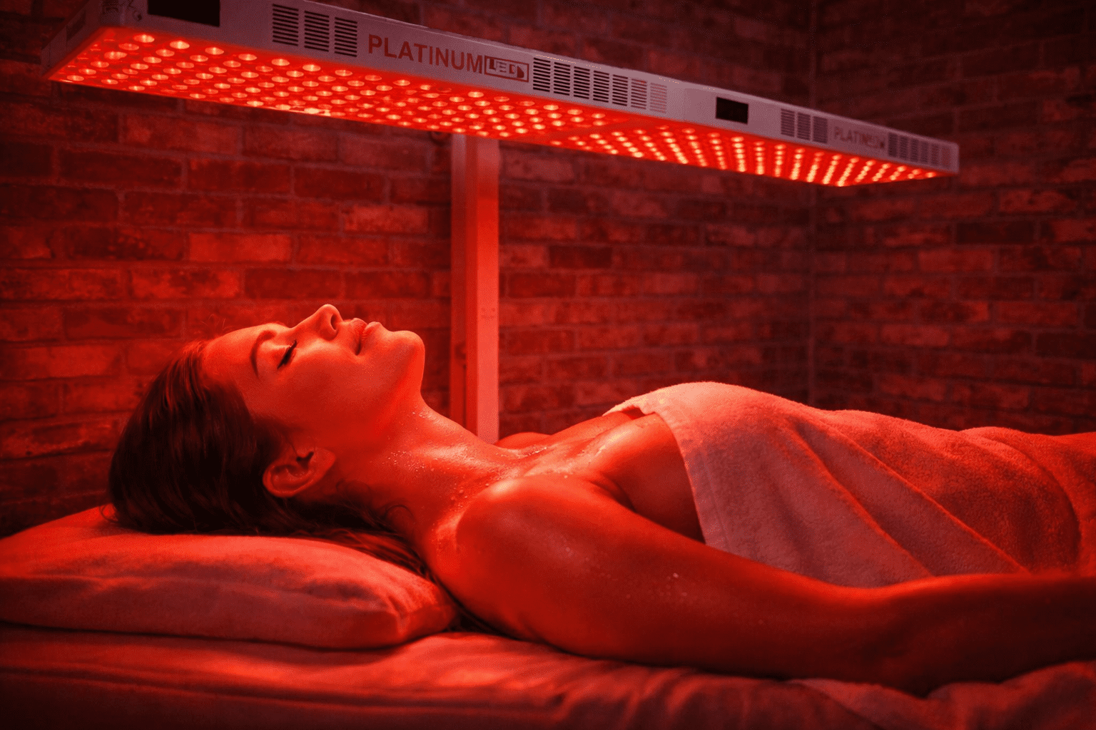 Woman lying under red light therapy panels during a session at MindFuel Method Recovery Lounge in Pittsburgh